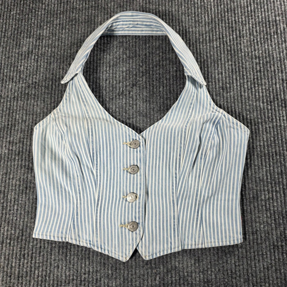 Levis Womens Hickory Stripe Denim Halter Vest Top Blue White Medium NWT